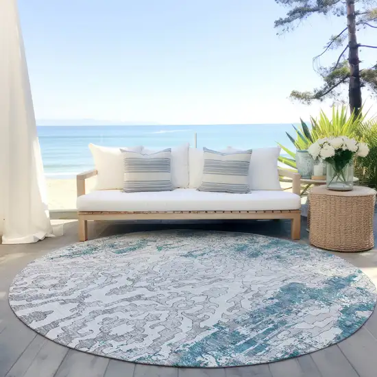 8' Teal Blue Gray And Ivory Round Medallion Washable Indoor Outdoor Area Rug Photo 6