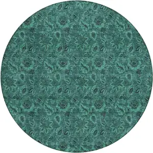 Photo of 8' Teal Blue Green And Charcoal Round Floral Washable Indoor Outdoor Area Rug