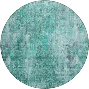 Photo of 8' Teal Blue Green And Gray Round Abstract Washable Indoor Outdoor Area Rug