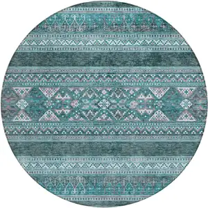 Photo of 8' Teal Blue Ivory And Gray Round Southwestern Washable Indoor Outdoor Area Rug