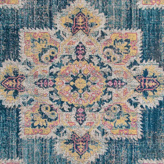 7' Teal Blue Medallion Power Loom Runner Rug With Fringe Photo 5