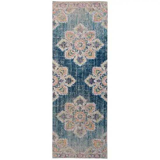 7' Teal Blue Medallion Power Loom Runner Rug With Fringe Photo 1