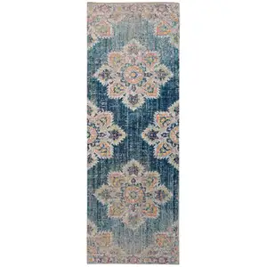 Photo of 7' Teal Blue Medallion Power Loom Runner Rug With Fringe