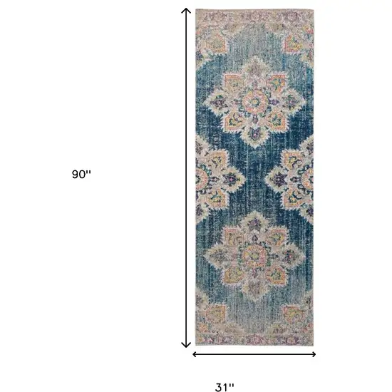 7' Teal Blue Medallion Power Loom Runner Rug With Fringe Photo 7