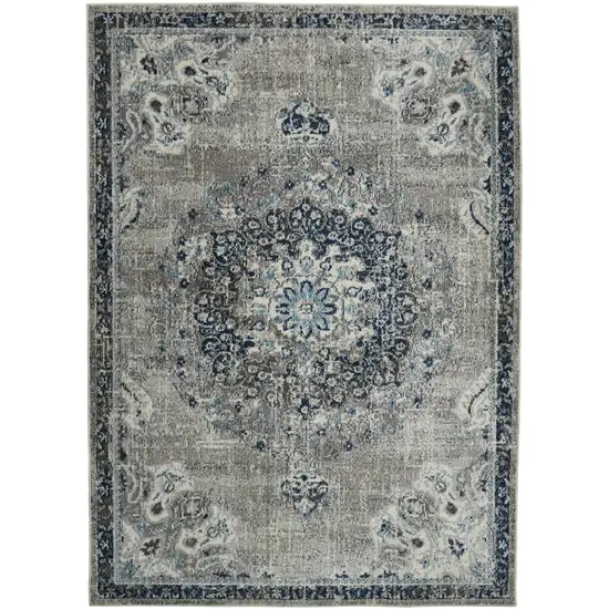 8' Teal Blue Medallion Power Loom Runner Rug Photo 1