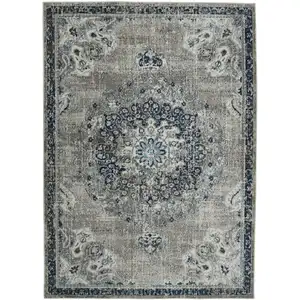 Photo of 8' Teal Blue Medallion Power Loom Runner Rug