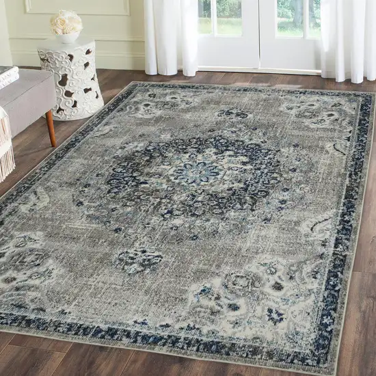 8' Teal Blue Medallion Power Loom Runner Rug Photo 5