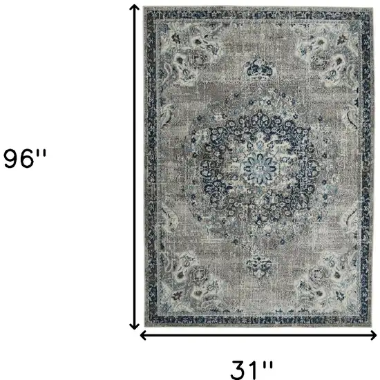 8' Teal Blue Medallion Power Loom Runner Rug Photo 6