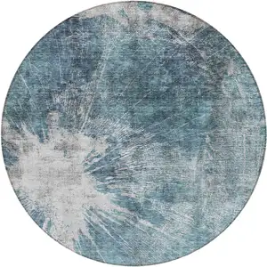 Photo of 8' Teal Blue Navy Blue And Gray Round Abstract Washable Indoor Outdoor Area Rug