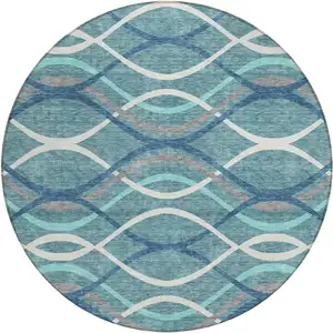 Photo of 8' Teal Blue Navy Blue And Gray Round Abstract Washable Indoor Outdoor Area Rug