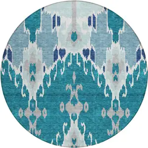 Photo of 8' Teal Blue Navy Blue And Gray Round Ikat Washable Indoor Outdoor Area Rug