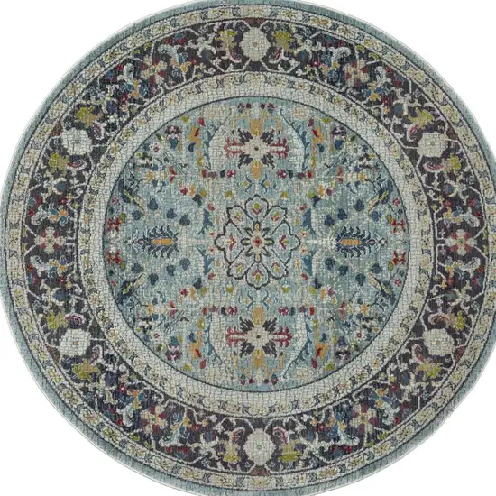 6' Teal Blue Orange and Black Floral Distressed Non Skid Round Rug Photo 8