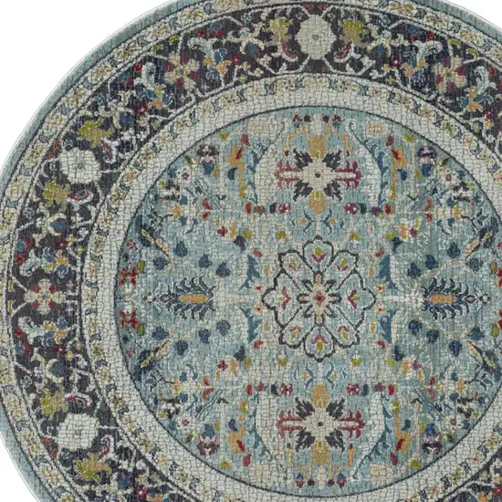 6' Teal Blue Orange and Black Floral Distressed Non Skid Round Rug Photo 7