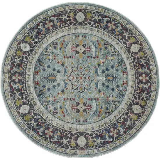 6' Teal Blue Orange and Black Floral Distressed Non Skid Round Rug Photo 2