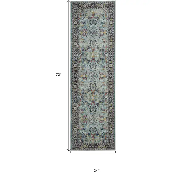 6' Teal Blue Orange and Black Floral Distressed Non Skid Runner Rug Photo 3