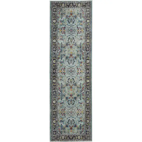 6' Teal Blue Orange and Black Floral Distressed Non Skid Runner Rug Photo 2