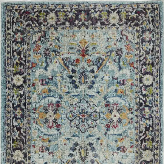 8' Teal Blue Orange and Black Floral Distressed Non Skid Runner Rug Photo 9