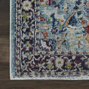 Photo of 8' Teal Blue Orange and Black Floral Distressed Non Skid Runner Rug