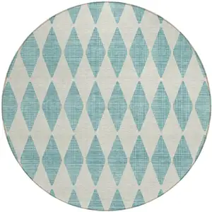 Photo of 8' Teal Blue Round Geometric Washable Indoor Outdoor Area Rug