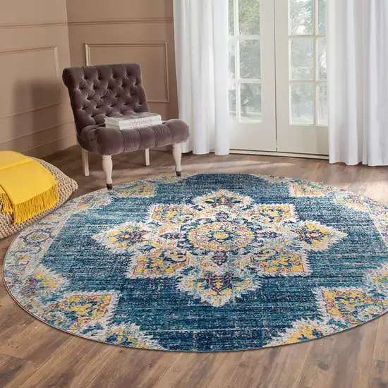 6' Teal Blue Round Medallion Power Loom Area Rug With Fringe Photo 6