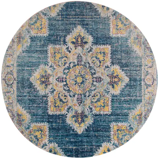 6' Teal Blue Round Medallion Power Loom Area Rug With Fringe Photo 1