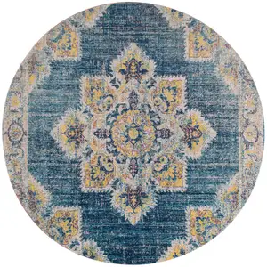 Photo of 6' Teal Blue Round Medallion Power Loom Area Rug With Fringe