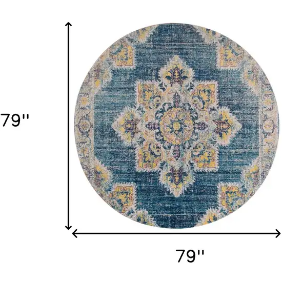 6' Teal Blue Round Medallion Power Loom Area Rug With Fringe Photo 7