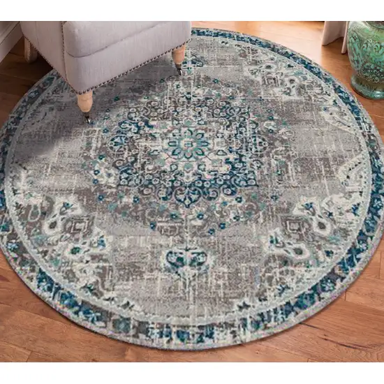 7' Teal Blue Round Medallion Power Loom Area Rug Photo 5