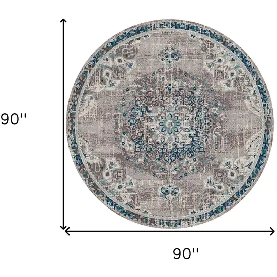 7' Teal Blue Round Medallion Power Loom Area Rug Photo 6