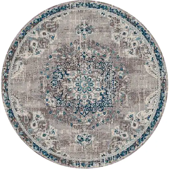 7' Teal Blue Round Medallion Power Loom Area Rug Photo 1