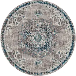 Photo of 7' Teal Blue Round Medallion Power Loom Area Rug