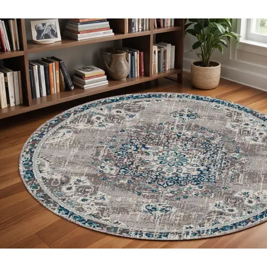 7' Teal Blue Medallion Power Loom Round Rug Photo 1