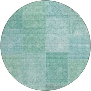 Photo of 8' Teal Blue Sage And Green Round Patchwork Washable Indoor Outdoor Area Rug