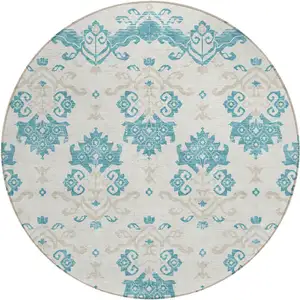 Photo of 8' Teal Blue Silver And Gray Round Oriental Washable Indoor Outdoor Area Rug