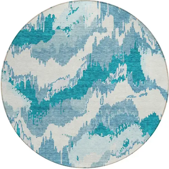 8' Teal Blue Sky Blue And Aqua Round Abstract Washable Indoor Outdoor Area Rug Photo 6