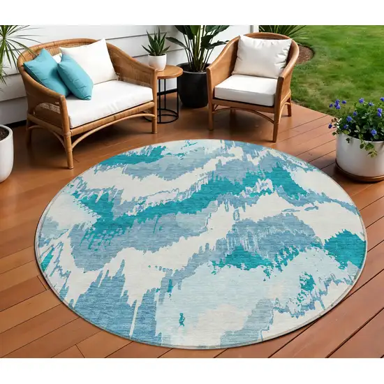 8' Teal Blue Sky Blue And Aqua Round Abstract Washable Indoor Outdoor Area Rug Photo 1