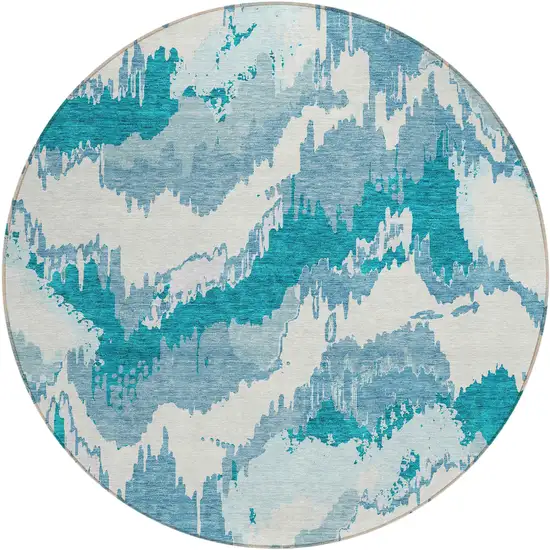 8' Teal Blue Sky Blue And Aqua Round Abstract Washable Indoor Outdoor Area Rug Photo 2