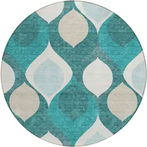 Photo of 8' Teal Blue Sky Blue And Ivory Round Ogee Washable Indoor Outdoor Area Rug