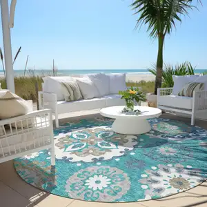 Photo of 8' Teal Blue Taupe And Gray Round Floral Medallion Washable Indoor Outdoor Area Rug