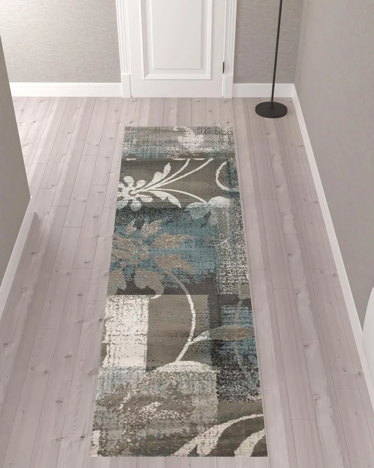 10' Teal Gray And Tan Floral Power Loom Distressed Stain Resistant Runner Rug Photo 2