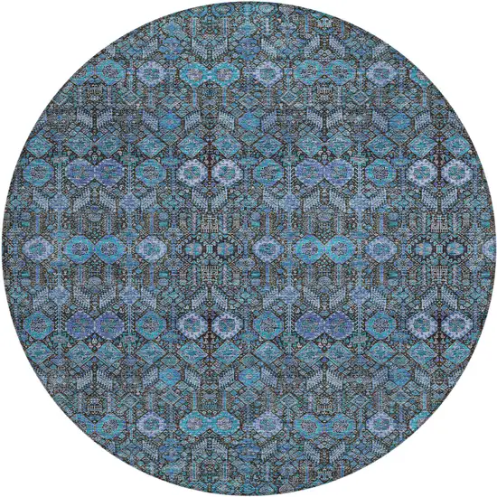 8' Round Teal Round Tribal Washable Indoor Outdoor Area Rug Photo 1