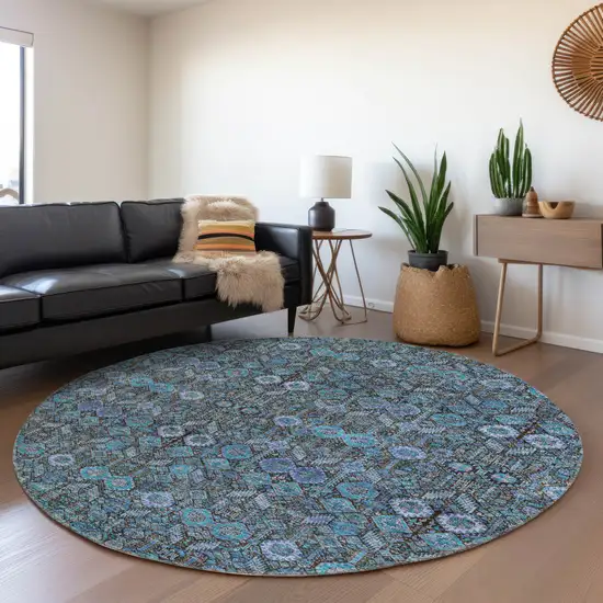 8' Round Teal Round Tribal Washable Indoor Outdoor Area Rug Photo 8