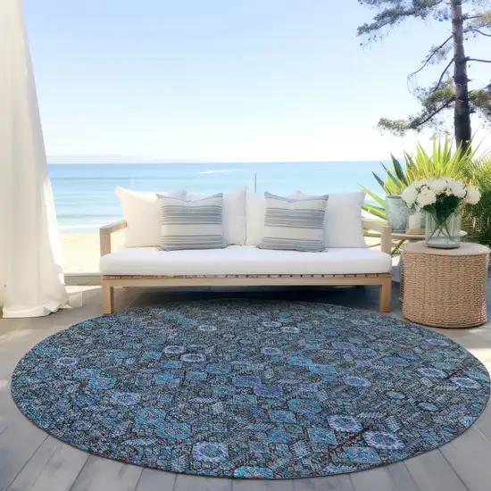 Teal Round Tribal Washable Indoor Outdoor Area Rug Photo 6