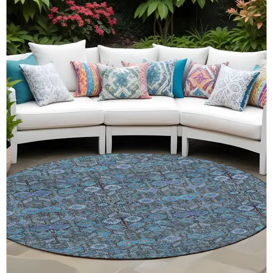 Teal Round Tribal Washable Indoor Outdoor Area Rug Photo 1