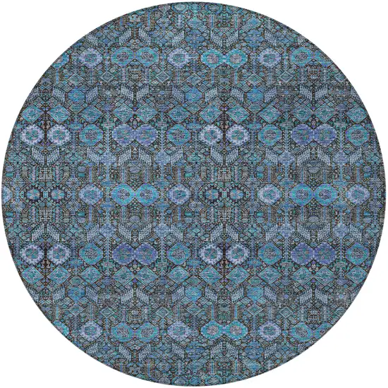 8' Round Teal Round Tribal Washable Indoor Outdoor Area Rug Photo 6