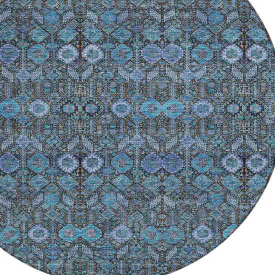 Teal Round Tribal Washable Indoor Outdoor Area Rug Photo 6