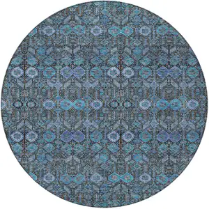 Photo of 8' Teal Round Floral Washable Non Skid Area Rug With UV Protection