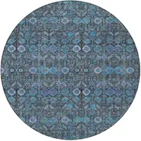 Photo of 8' Teal Round Floral Washable Non Skid Area Rug With UV Protection