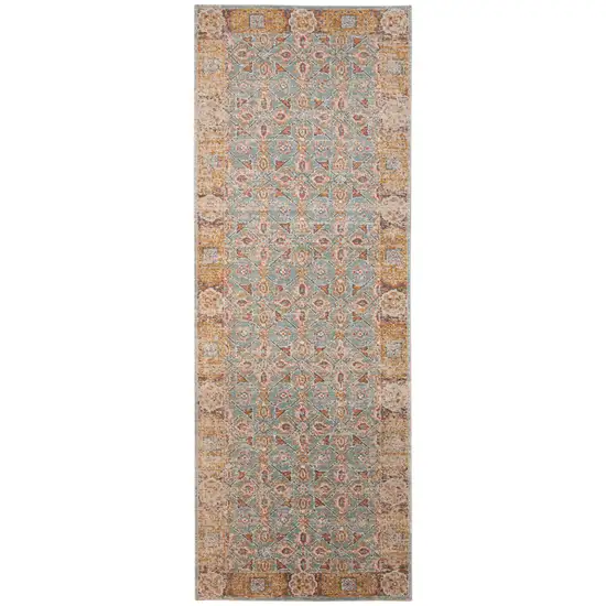 7' Teal Taupe and Rust Floral Power Loom Runner Rug Photo 2