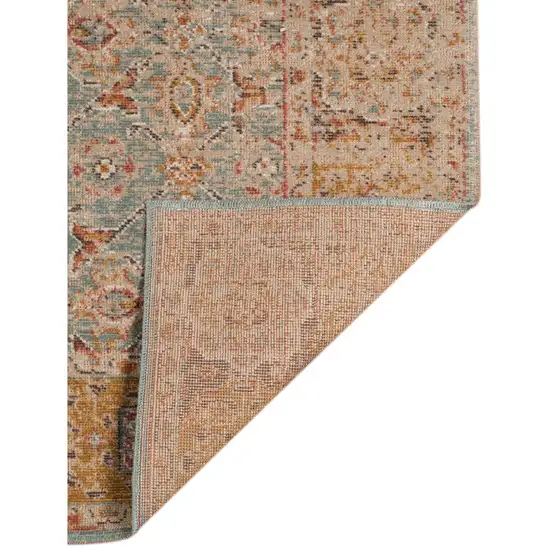 7' Teal Taupe and Rust Floral Power Loom Runner Rug Photo 5